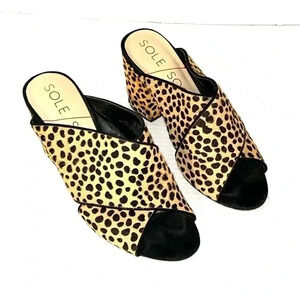 Sole Society Shoes Women Size 6.5 Luella Cow Calf Fur Block Heel Sandals Cheetah